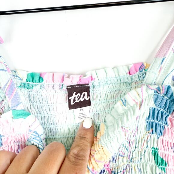 Tea Collection Romper Floral Shirred Blue Pink - Girls Size 12 - Picture 4 of 8